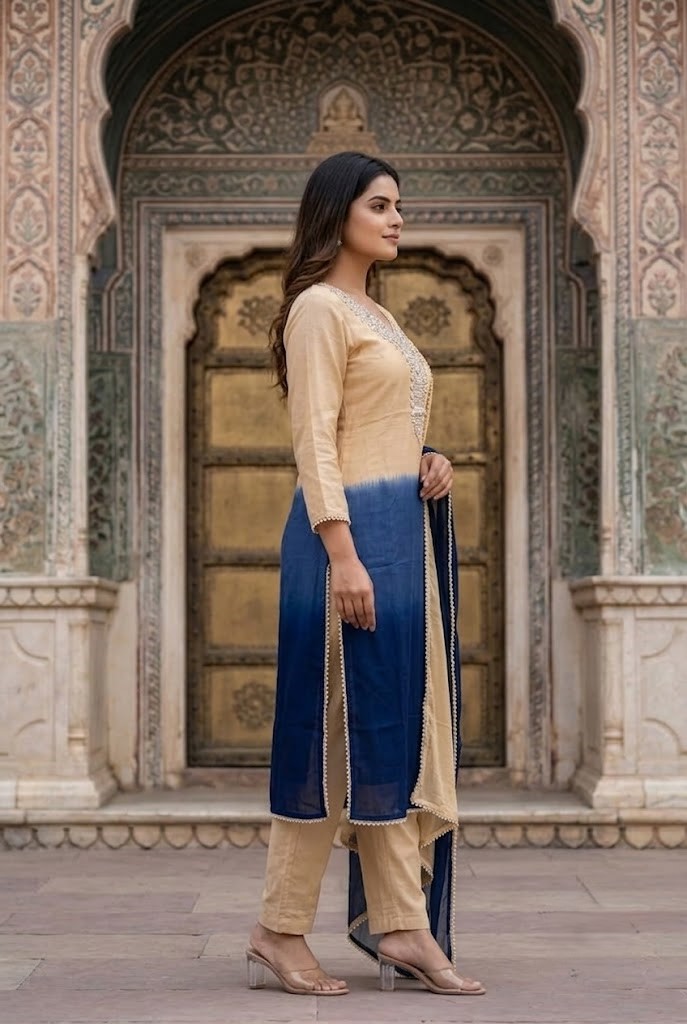 Women Beige & Royal Blue Ombre Shaded Cotton Heavy Embroidered Straight Kurta Pant And Dupatta Set Manufacturer Wholesale in Jaipur