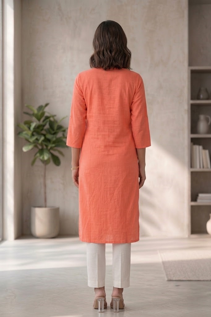 Women's Pure Cotton Flex Solid Peach Straight Long Kurta for Women | Everyday Office & Casual Wear Manufacturer Wholesale in Jaipur