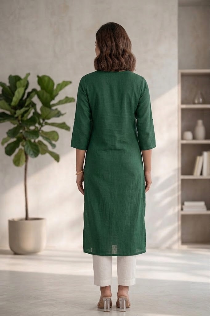 Women's Bottle Green Solid Cotton Flex Straight Long Kurta Manufacturer Wholesale in Jaipur