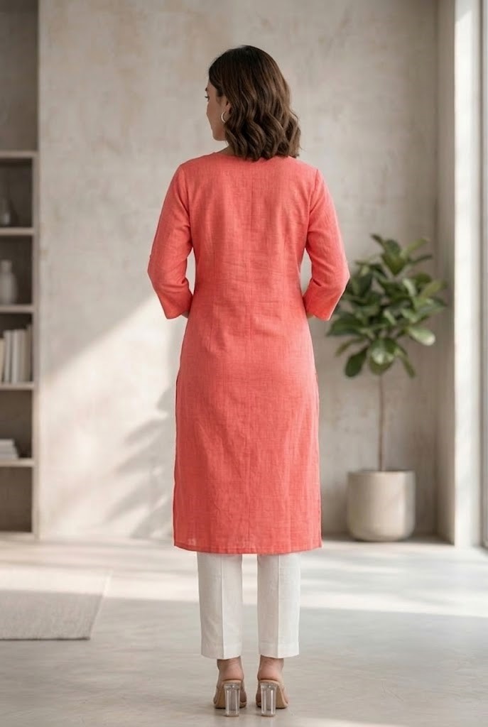 Women's Pure Cotton Flex Solid Coral Pink Straight Long Kurta for Women | Everyday Office & Casual Wear Manufacturer Wholesale in Jaipur