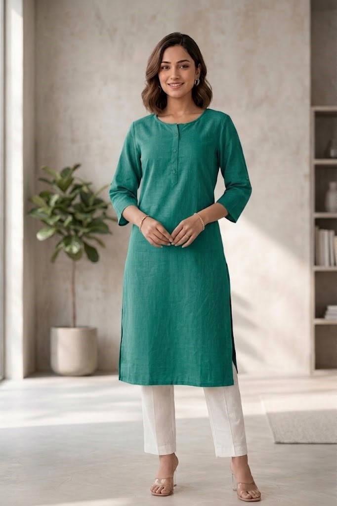 Women's Pure Cotton Flex Solid Rama Green Straight Long Kurta for Women | Everyday Office & Casual Wear Manufacturer Wholesale in Jaipur