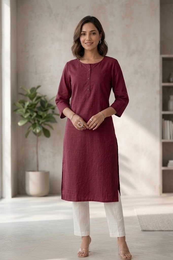 Women's Pure Cotton Flex Solid Wine Straight Long Kurta for Women | Everyday Office & Casual Wear Manufacturer Wholesale in Jaipur