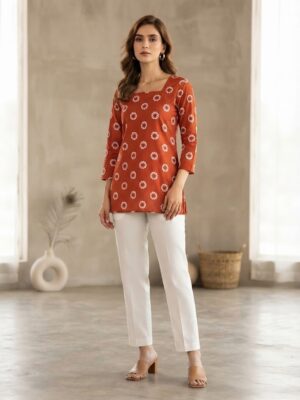 Women's Rust Orange Printed Rayon Short Kurti | Square Neck Ethnic Tunic Top Manufacturer Wholesale in Jaipur