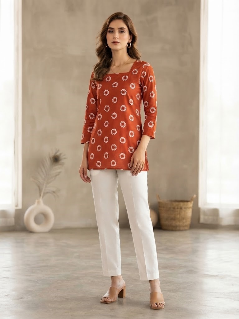 Women's Rust Orange Printed Rayon Short Kurti | Square Neck Ethnic Tunic Top Manufacturer Wholesale in Jaipur