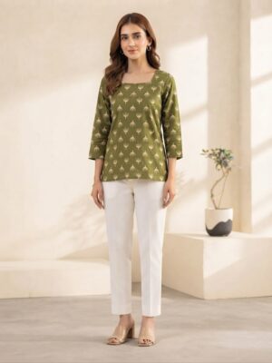 Women's Olive Green Printed Rayon Short Kurti | Square Neck Ethnic Tunic Top Manufacturer Wholesale in Jaipur