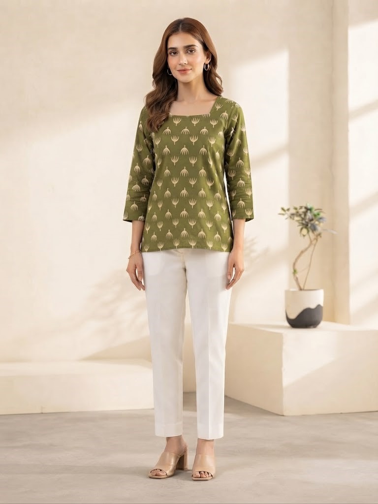 Women's Olive Green Printed Rayon Short Kurti | Square Neck Ethnic Tunic Top Manufacturer Wholesale in Jaipur
