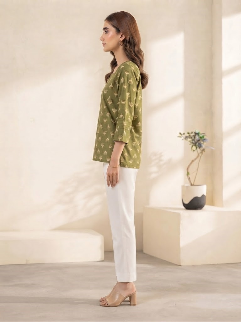 Women's Olive Green Printed Rayon Short Kurti | Square Neck Ethnic Tunic Top Manufacturer Wholesale in Jaipur