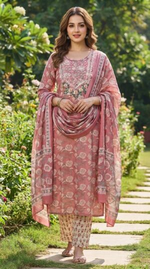 Women's Dusty Pink Floral Print 60x60 Cambric Cotton Straight Kurta Set with Dupatta Manufacturer Wholesale in Jaipur