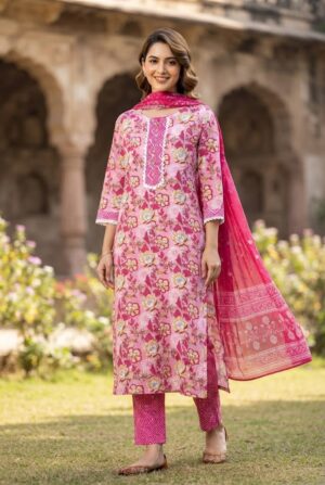 Women's 60x60 Cambric Cotton Pink Floral Printed Straight Kurta with Pant & Dupatta Manufacturer Wholesale in Jaipur