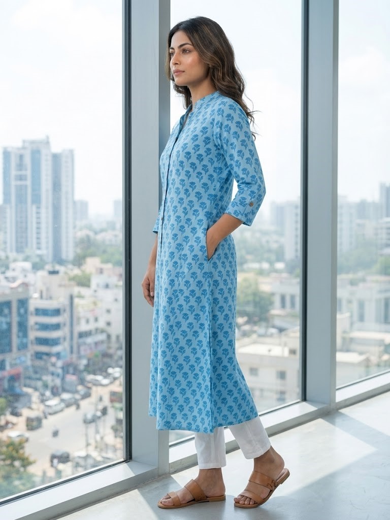 Women's Light Blue Floral Print 60x60 Cambric Cotton A-Line Long Kurta with Front Buttons Manufacturer Wholesale in Jaipur