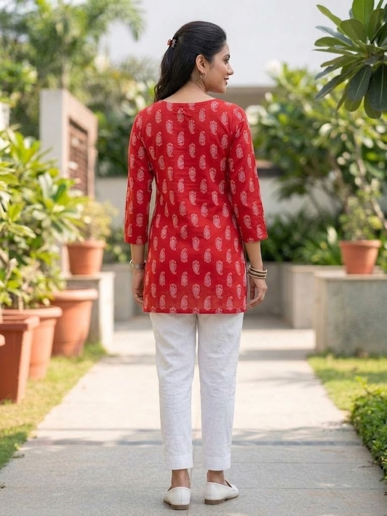 Women's Red Printed Rayon Short Kurti | Square Neck Ethnic Tunic Top Manufacturer Wholesale in Jaipur