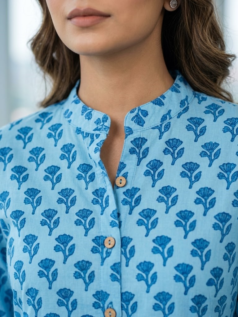 Women's Light Blue Floral Print 60x60 Cambric Cotton A-Line Long Kurta with Front Buttons Manufacturer Wholesale in Jaipur