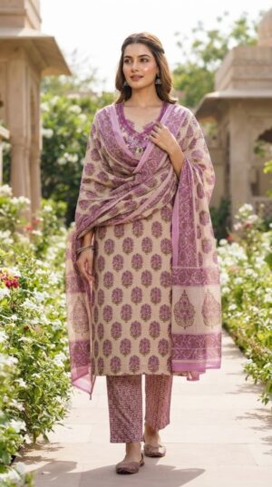 Women's Beige & Purple Floral Print 60x60 Cambric Cotton Straight Kurta Set with Dupatta Manufacturer Wholesale in Jaipur