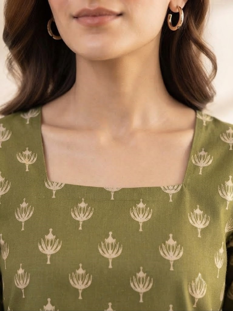 Women's Olive Green Printed Rayon Short Kurti | Square Neck Ethnic Tunic Top Manufacturer Wholesale in Jaipur