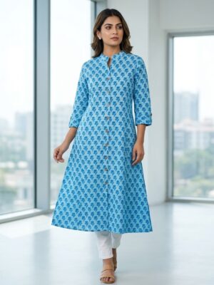 Women's Light Blue Floral Print 60x60 Cambric Cotton A-Line Long Kurta with Front Buttons Manufacturer Wholesale in Jaipur