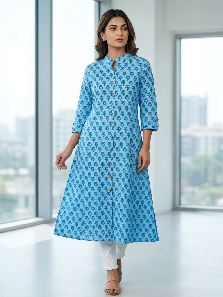 Women's Light Blue Floral Print 60x60 Cambric Cotton A-Line Long Kurta with Front Buttons Manufacturer Wholesale in Jaipur