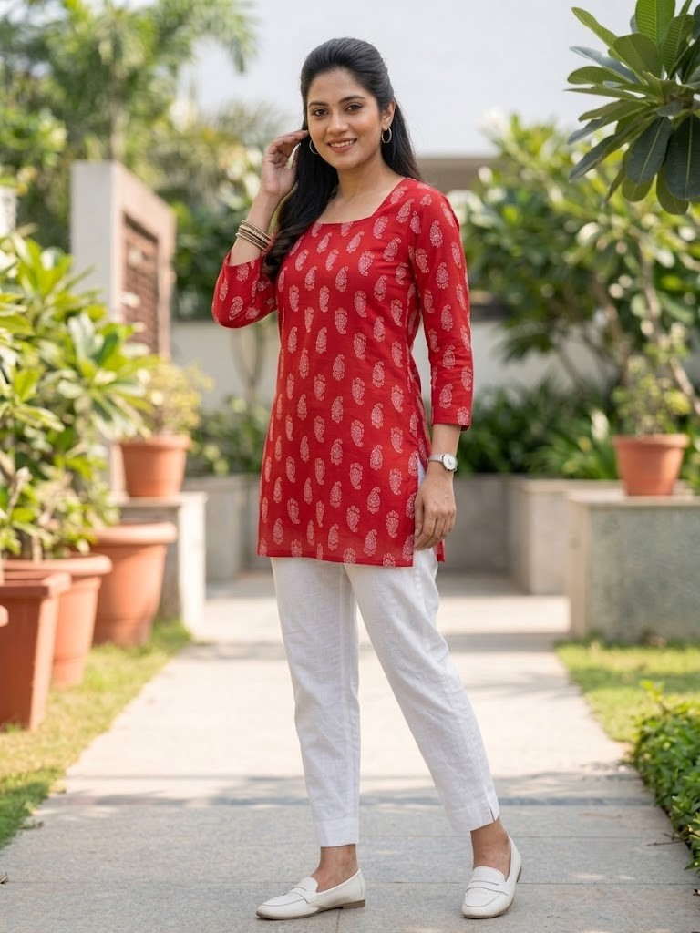 Women's Red Printed Rayon Short Kurti | Square Neck Ethnic Tunic Top Manufacturer Wholesale in Jaipur