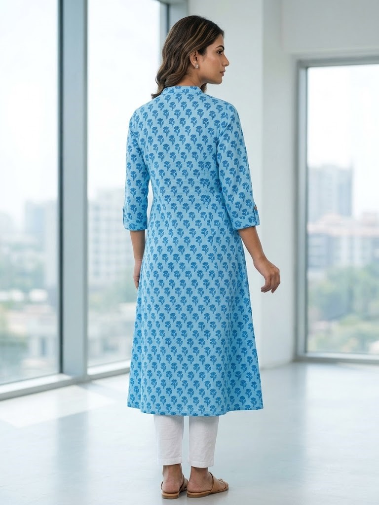 Women's Light Blue Floral Print 60x60 Cambric Cotton A-Line Long Kurta with Front Buttons Manufacturer Wholesale in Jaipur