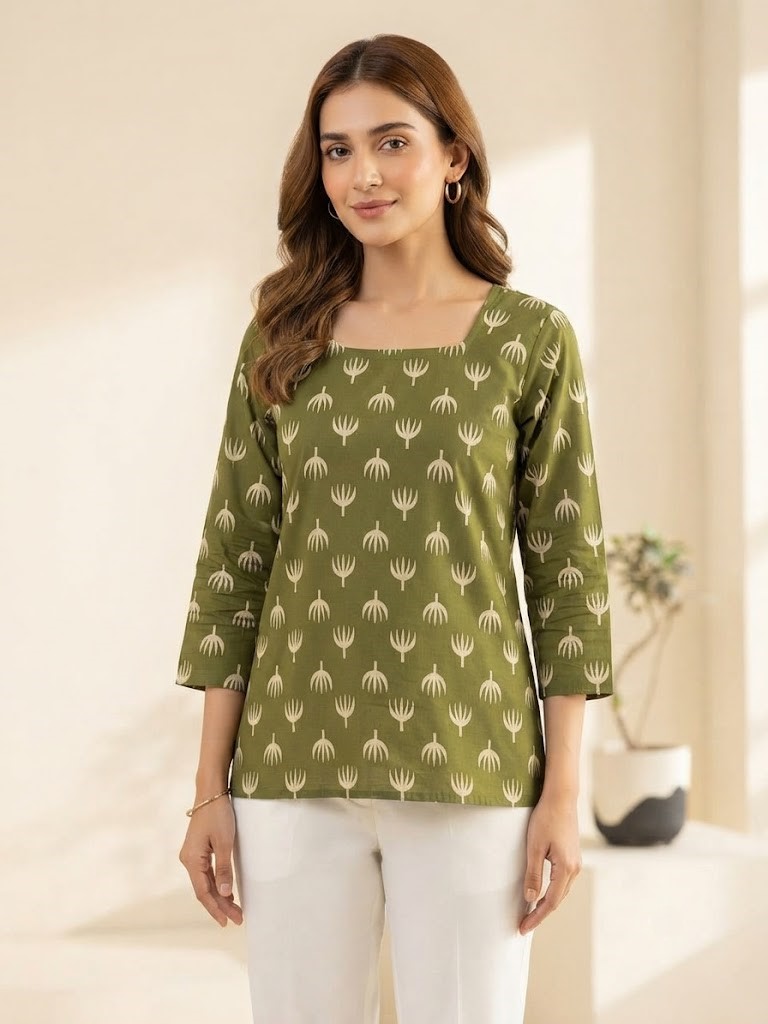 Women's Olive Green Printed Rayon Short Kurti | Square Neck Ethnic Tunic Top Manufacturer Wholesale in Jaipur