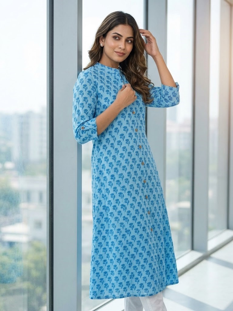 Women's Light Blue Floral Print 60x60 Cambric Cotton A-Line Long Kurta with Front Buttons Manufacturer Wholesale in Jaipur