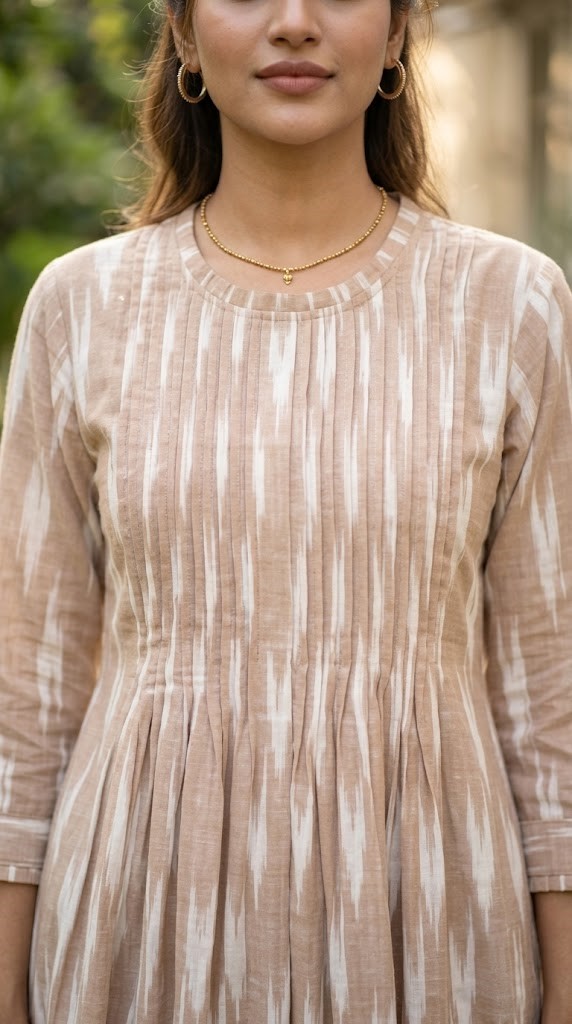 Women Beige Ikat Printed Cotton Flared One-Piece Dress with Front Pintex Yoke Manufacturer Wholesale in Jaipur