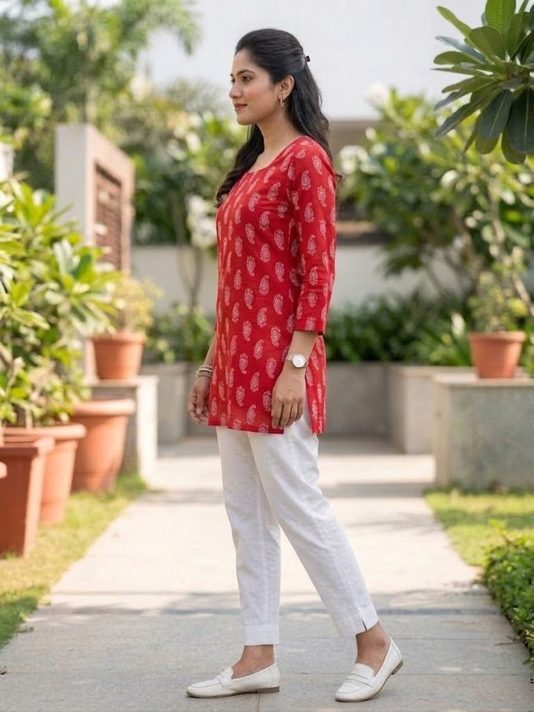 Women's Red Printed Rayon Short Kurti | Square Neck Ethnic Tunic Top Manufacturer Wholesale in Jaipur