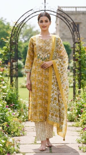 Women's Mustard Yellow Floral Print 60x60 Cambric Cotton Straight Kurta Set with Dupatta Manufacturer Wholesale in Jaipur