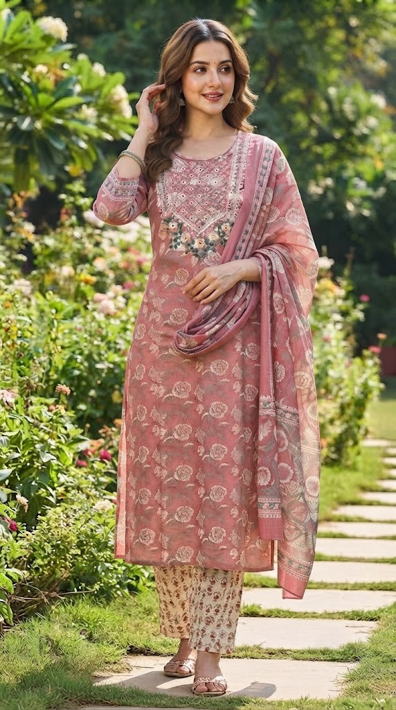 Women's Dusty Pink Floral Print 60x60 Cambric Cotton Straight Kurta Set with Dupatta Manufacturer Wholesale in Jaipur