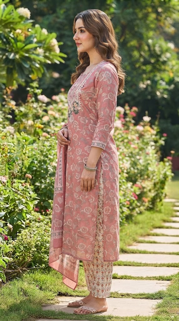 Women's Dusty Pink Floral Print 60x60 Cambric Cotton Straight Kurta Set with Dupatta Manufacturer Wholesale in Jaipur
