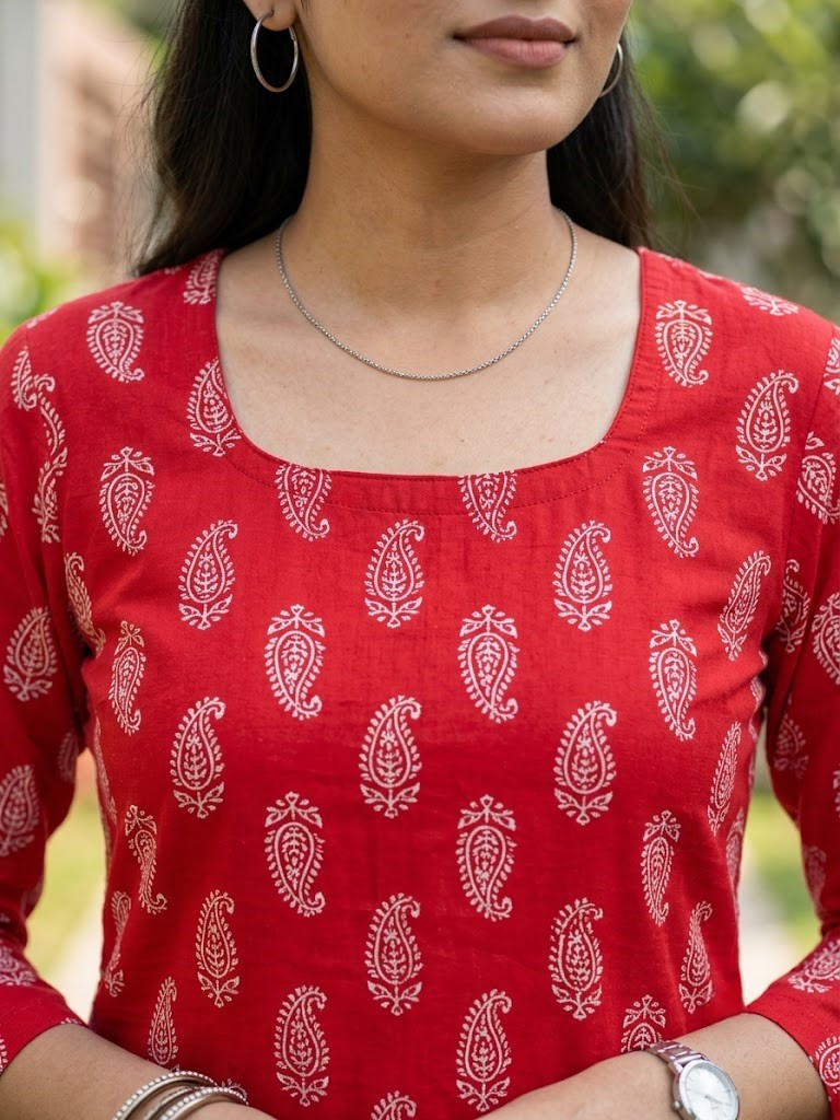 Women's Red Printed Rayon Short Kurti | Square Neck Ethnic Tunic Top Manufacturer Wholesale in Jaipur