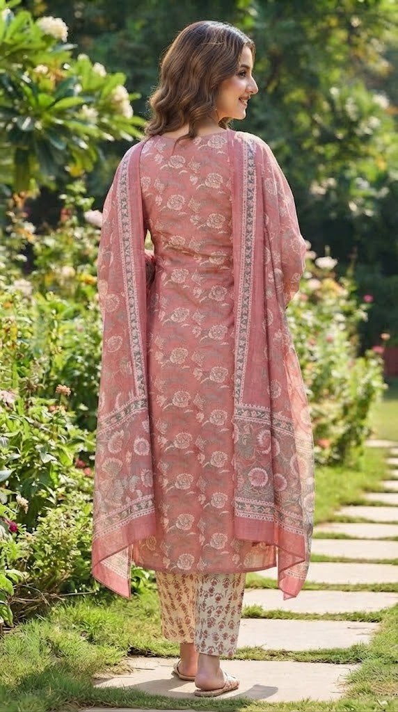 Women's Dusty Pink Floral Print 60x60 Cambric Cotton Straight Kurta Set with Dupatta Manufacturer Wholesale in Jaipur