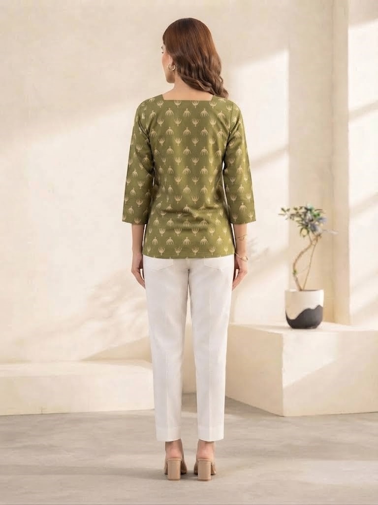 Women's Olive Green Printed Rayon Short Kurti | Square Neck Ethnic Tunic Top Manufacturer Wholesale in Jaipur
