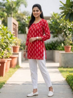 Women's Red Printed Rayon Short Kurti | Square Neck Ethnic Tunic Top Manufacturer Wholesale in Jaipur
