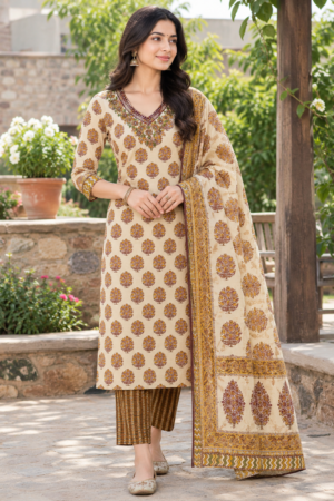Women's Beige & Mustard Floral Print 60x60 Cambric Cotton Straight Kurta Set with Dupatta Manufacturer Wholesale in Jaipur