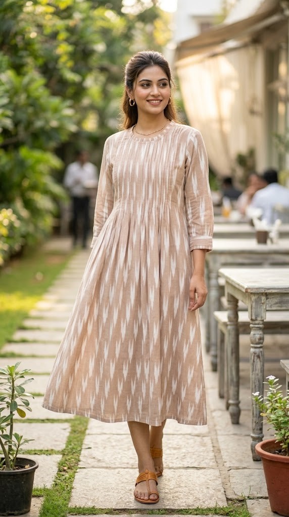 Women Beige Ikat Printed Cotton Flared One-Piece Dress with Front Pintex Yoke Manufacturer Wholesale in Jaipur