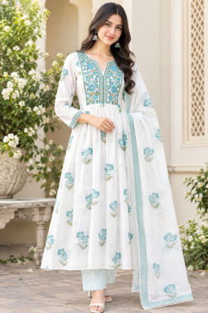 Women's Pure Cotton White & Teal Blue Floral Printed Flared Anarkali Kurta with Palazzo & Dupatta Set (3-Piece Lined Ethnic Suit Set with Heavy Embroidery) Manufacturer Wholesale in Jaipur