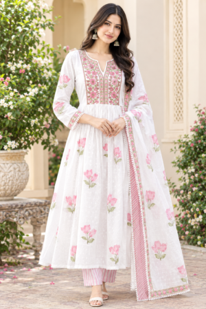 Women's Pure Cotton White & Pink Floral Printed Flared Anarkali Kurta with Palazzo & Dupatta Set (3-Piece Lined Ethnic Suit Set with Heavy Embroidery) Manufacturer Wholesale in Jaipur