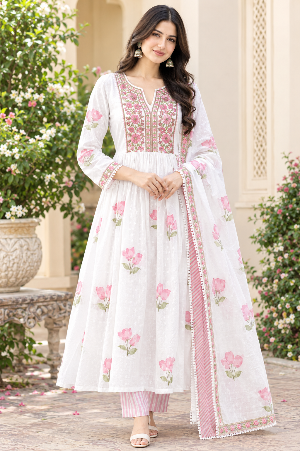 Women's Pure Cotton White & Pink Floral Printed Flared Anarkali Kurta with Palazzo & Dupatta Set (3-Piece Lined Ethnic Suit Set with Heavy Embroidery) Manufacturer Wholesale in Jaipur