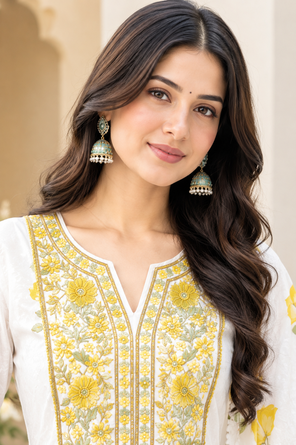 Women's Pure Cotton White & Yellow Floral Printed Flared Anarkali Kurta with Palazzo & Dupatta Set (3-Piece Lined Ethnic Suit Set with Heavy Embroidery) Manufacturer Wholesale in Jaipur