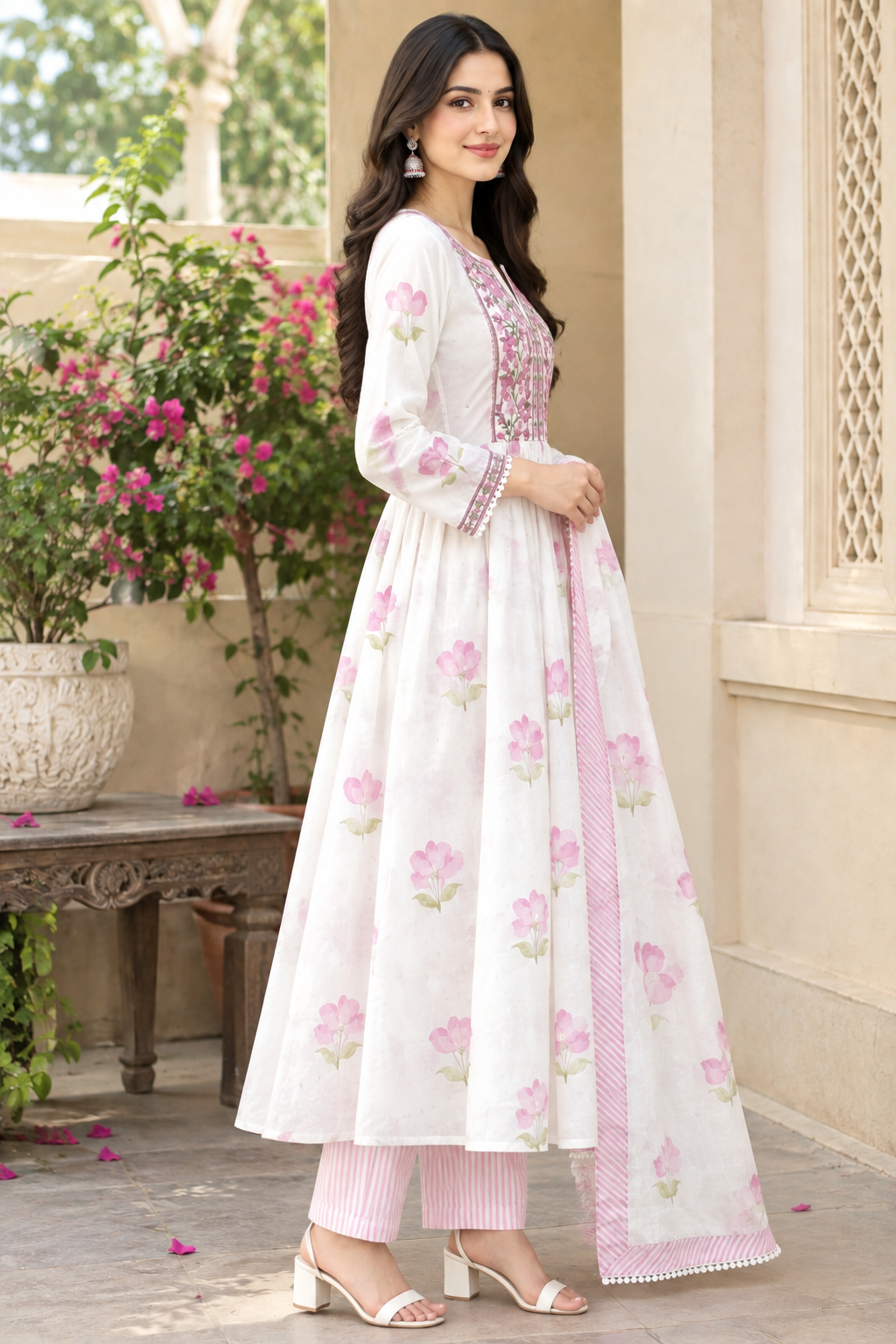 Women's Pure Cotton White & Pink Floral Printed Flared Anarkali Kurta with Palazzo & Dupatta Set (3-Piece Lined Ethnic Suit Set with Heavy Embroidery) Manufacturer Wholesale in Jaipur