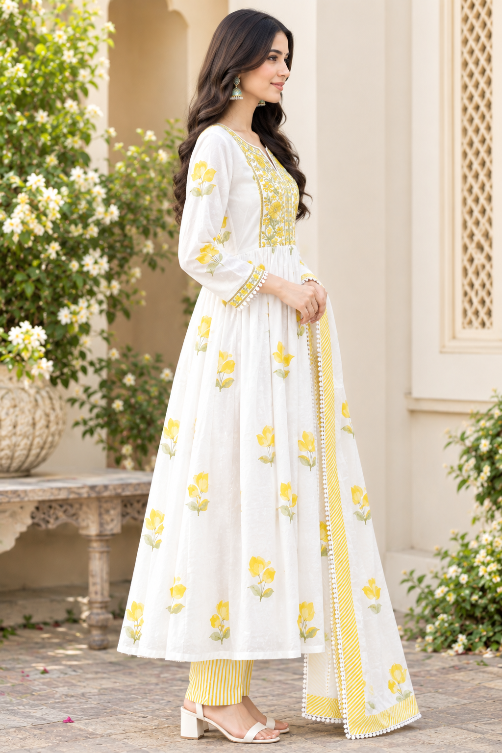 Women's Pure Cotton White & Yellow Floral Printed Flared Anarkali Kurta with Palazzo & Dupatta Set (3-Piece Lined Ethnic Suit Set with Heavy Embroidery) Manufacturer Wholesale in Jaipur