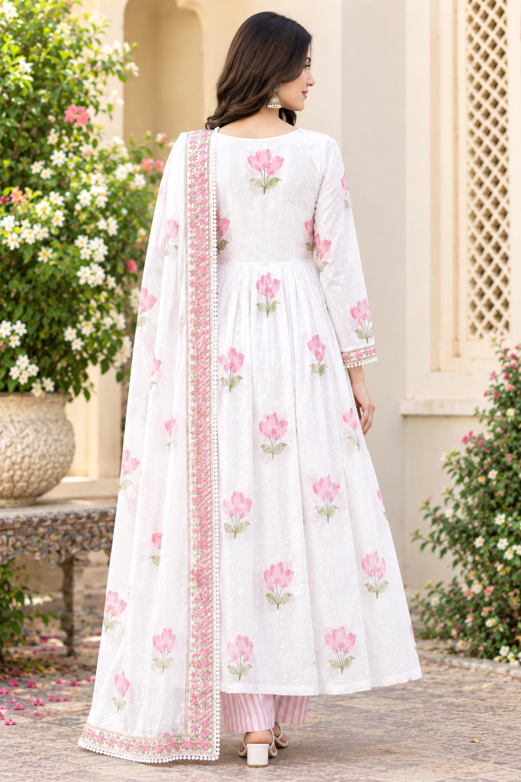 Women's Pure Cotton White & Pink Floral Printed Flared Anarkali Kurta with Palazzo & Dupatta Set (3-Piece Lined Ethnic Suit Set with Heavy Embroidery) Manufacturer Wholesale in Jaipur