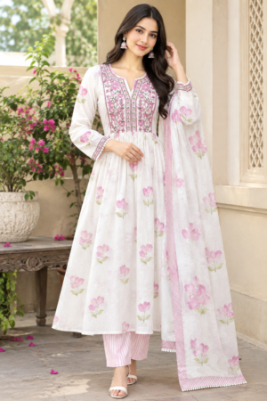 Women's Pure Cotton White & Pink Floral Printed Flared Anarkali Kurta with Palazzo & Dupatta Set (3-Piece Lined Ethnic Suit Set with Heavy Embroidery) Manufacturer Wholesale in Jaipur