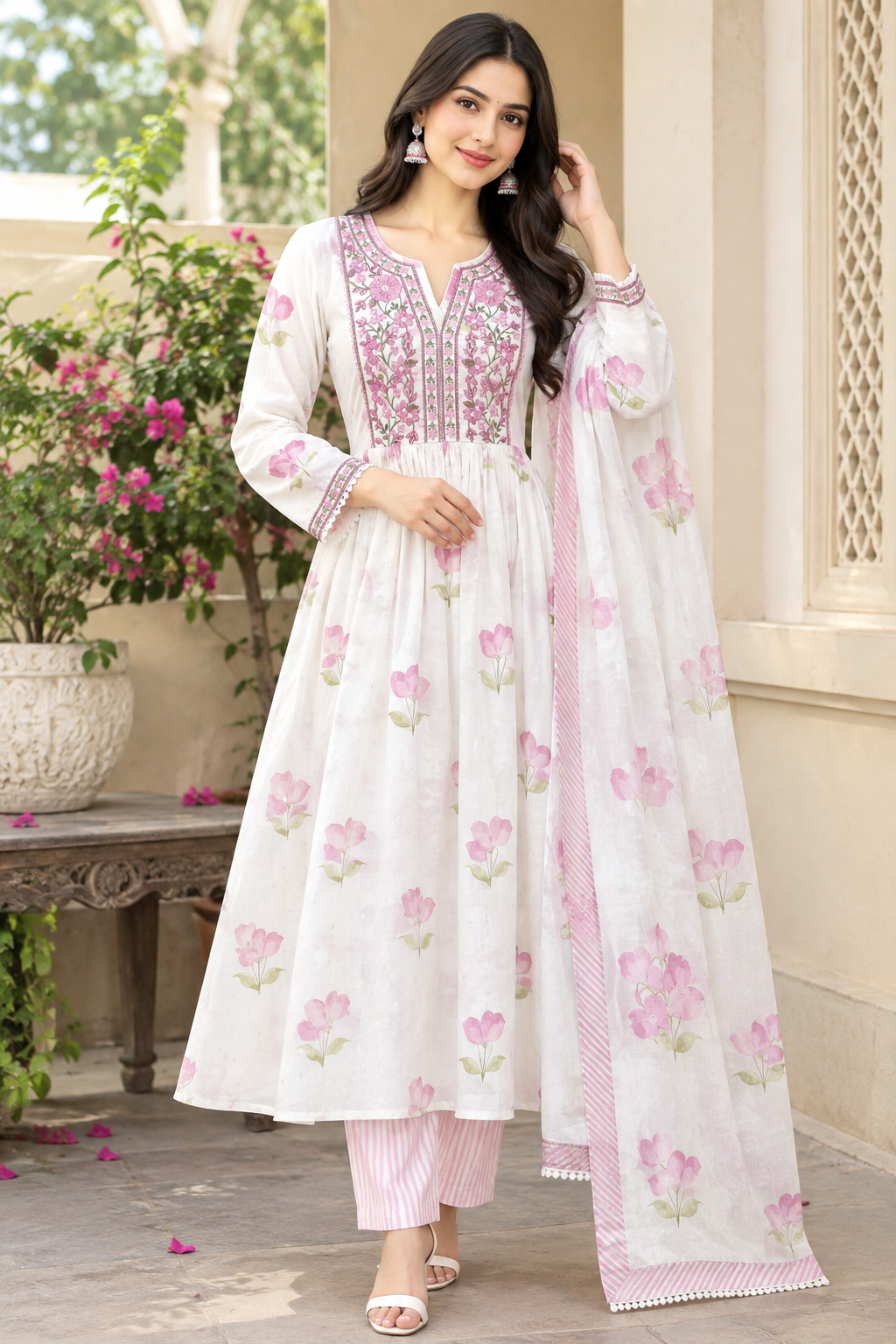 Women's Pure Cotton White & Pink Floral Printed Flared Anarkali Kurta with Palazzo & Dupatta Set (3-Piece Lined Ethnic Suit Set with Heavy Embroidery) Manufacturer Wholesale in Jaipur