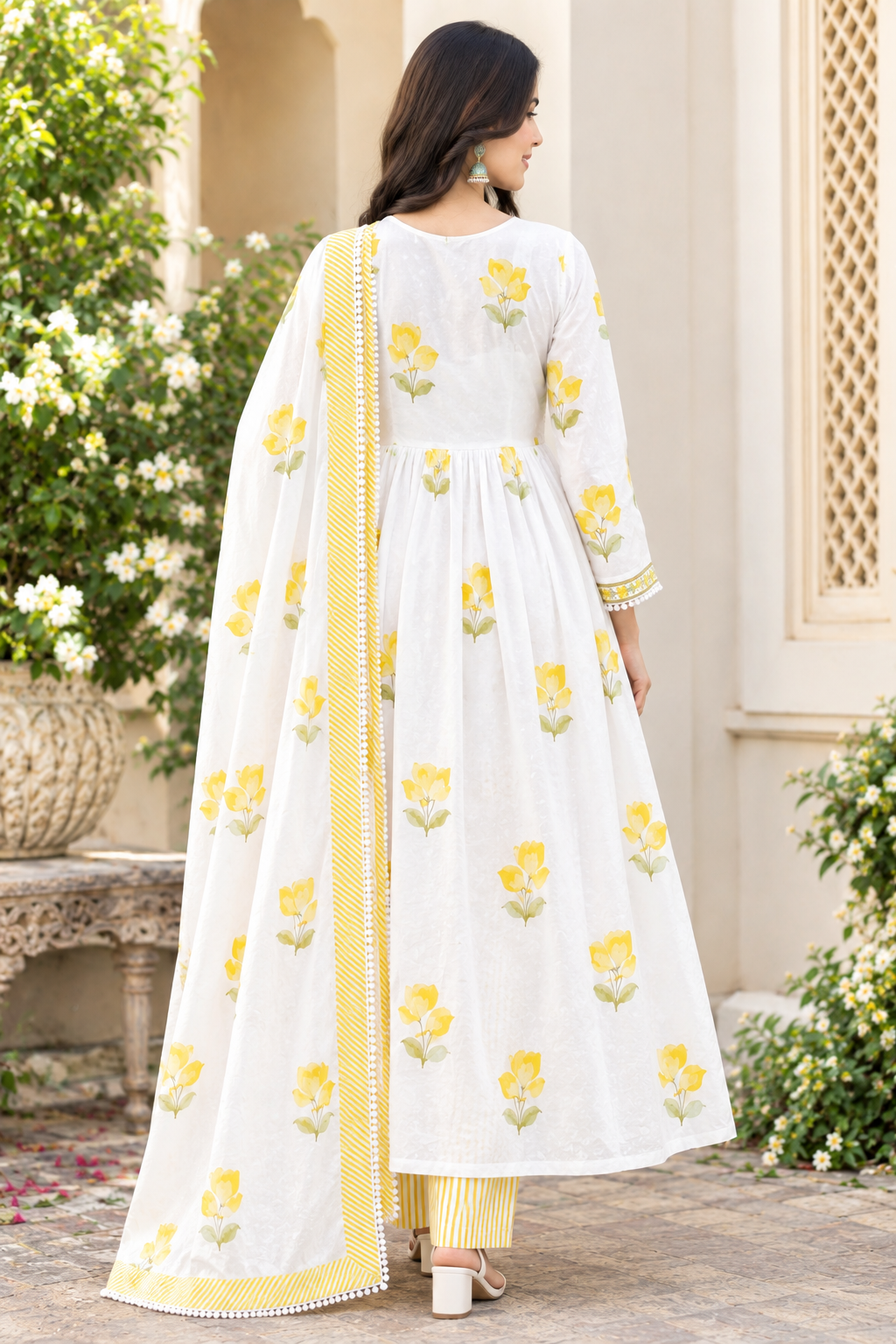 Women's Pure Cotton White & Yellow Floral Printed Flared Anarkali Kurta with Palazzo & Dupatta Set (3-Piece Lined Ethnic Suit Set with Heavy Embroidery) Manufacturer Wholesale in Jaipur