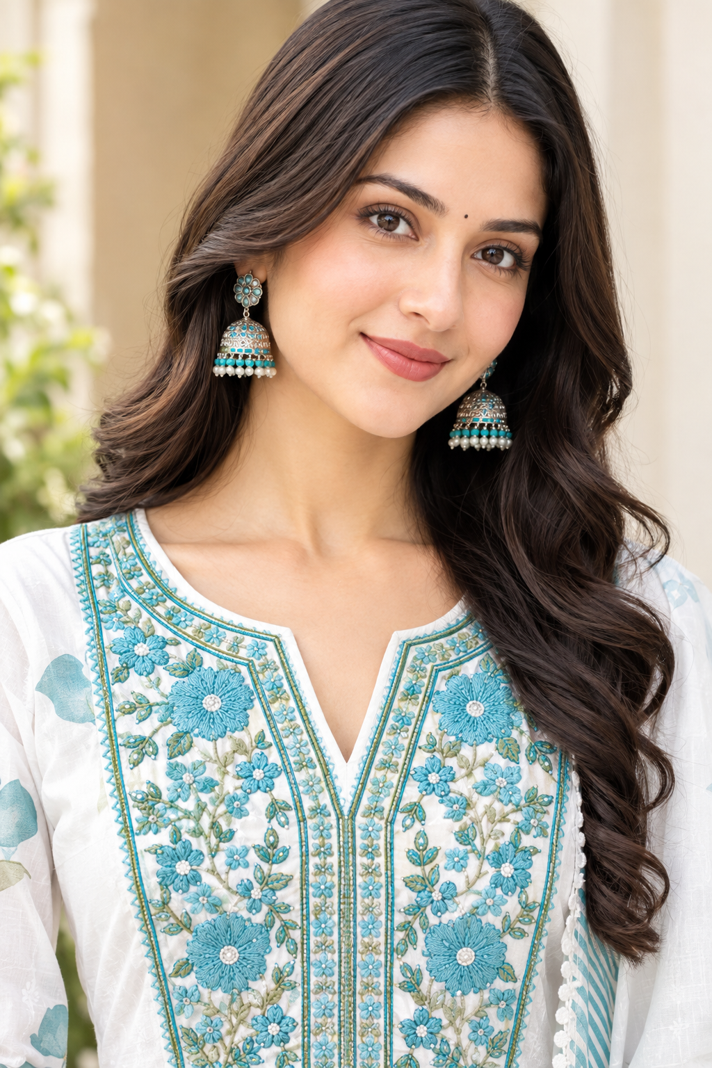 Women's Pure Cotton White & Teal Blue Floral Printed Flared Anarkali Kurta with Palazzo & Dupatta Set (3-Piece Lined Ethnic Suit Set with Heavy Embroidery) Manufacturer Wholesale in Jaipur