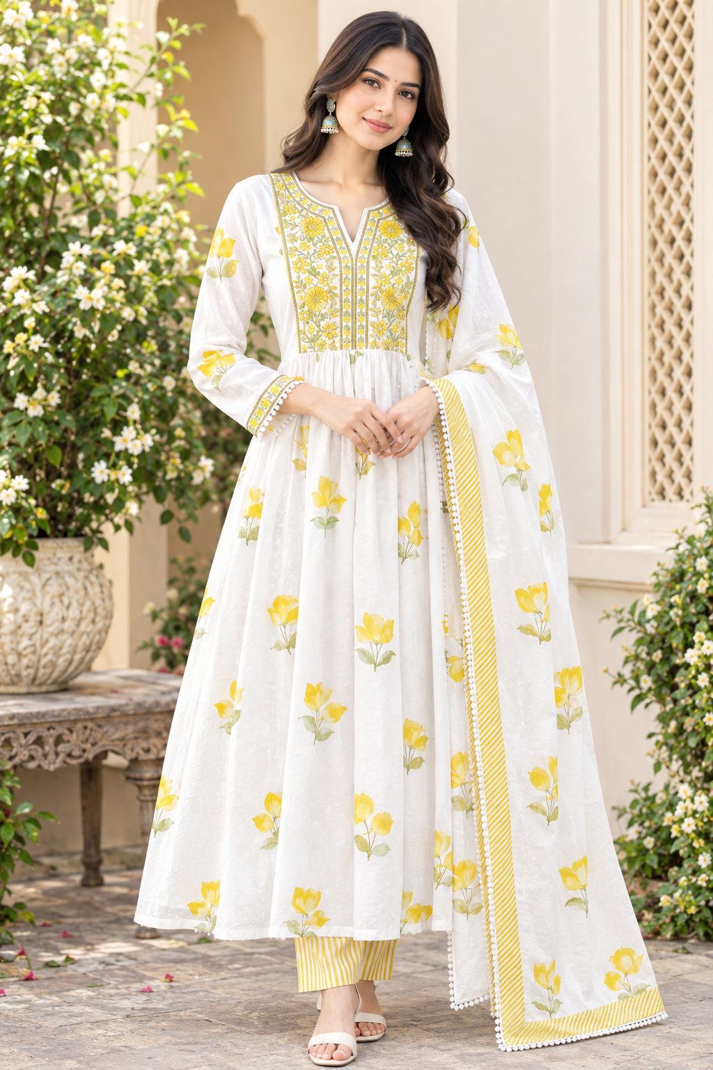 Women's Pure Cotton White & Yellow Floral Printed Flared Anarkali Kurta with Palazzo & Dupatta Set (3-Piece Lined Ethnic Suit Set with Heavy Embroidery) Manufacturer Wholesale in Jaipur