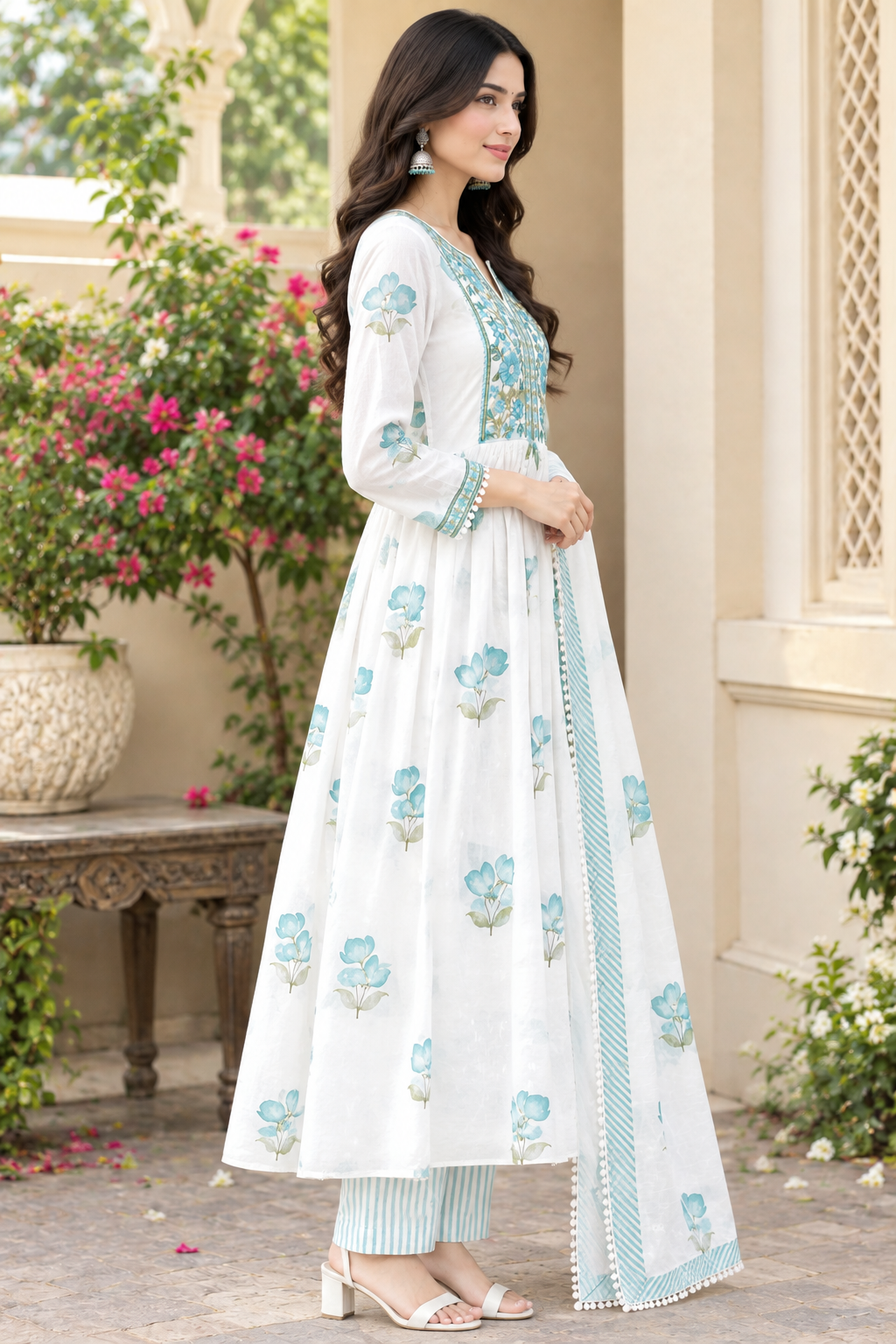 Women's Pure Cotton White & Teal Blue Floral Printed Flared Anarkali Kurta with Palazzo & Dupatta Set (3-Piece Lined Ethnic Suit Set with Heavy Embroidery) Manufacturer Wholesale in Jaipur