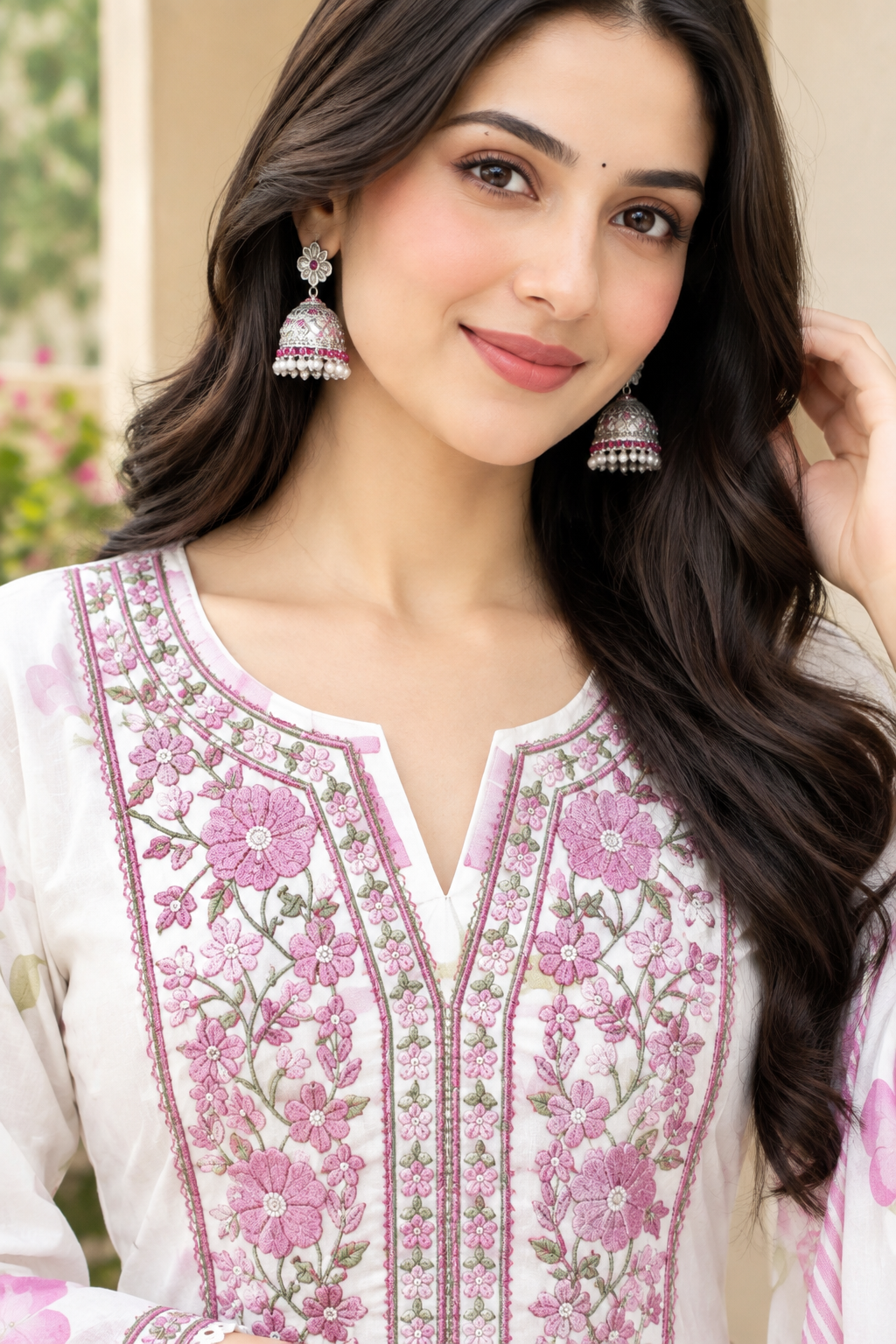 Women's Pure Cotton White & Pink Floral Printed Flared Anarkali Kurta with Palazzo & Dupatta Set (3-Piece Lined Ethnic Suit Set with Heavy Embroidery) Manufacturer Wholesale in Jaipur