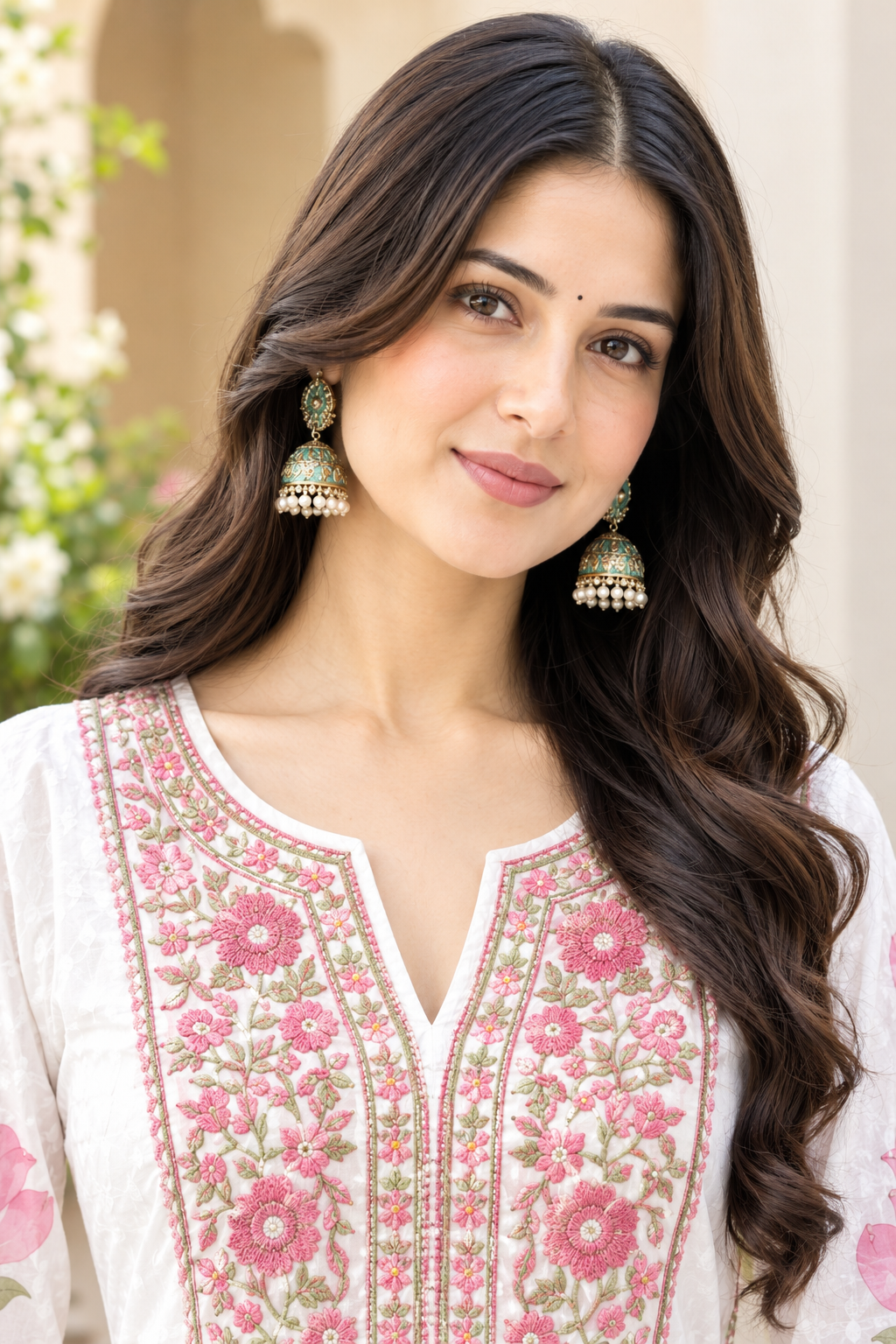 Women's Pure Cotton White & Pink Floral Printed Flared Anarkali Kurta with Palazzo & Dupatta Set (3-Piece Lined Ethnic Suit Set with Heavy Embroidery) Manufacturer Wholesale in Jaipur